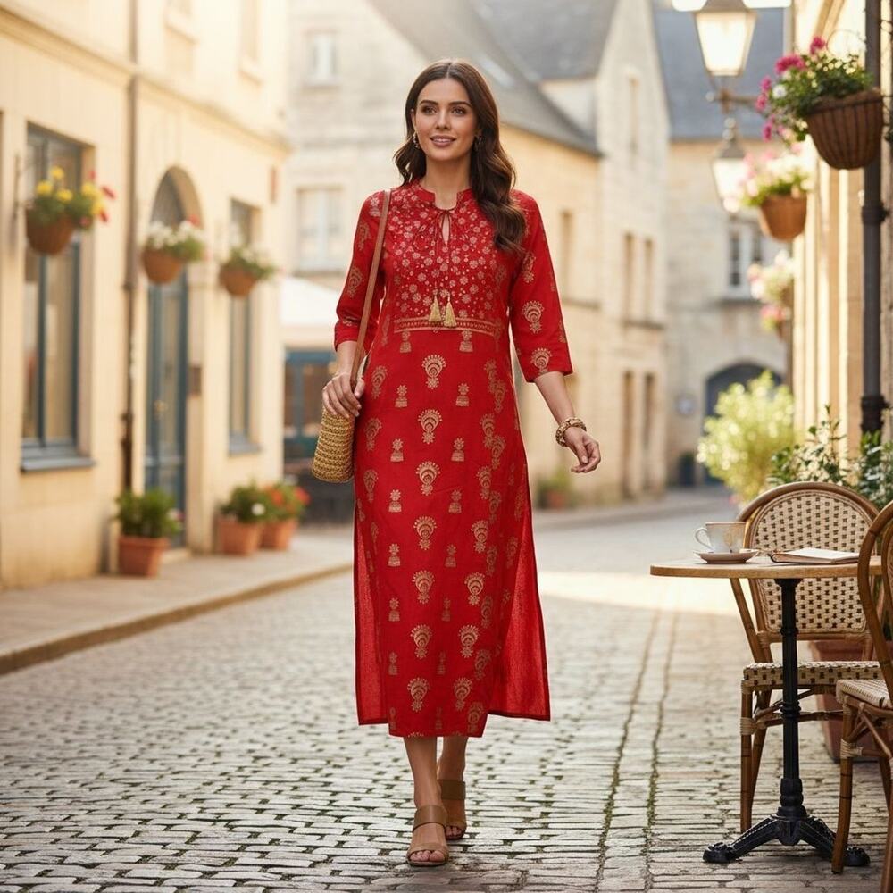 New Indian Women Red Gold rayon  Tunic Boho Dress missing pants SM